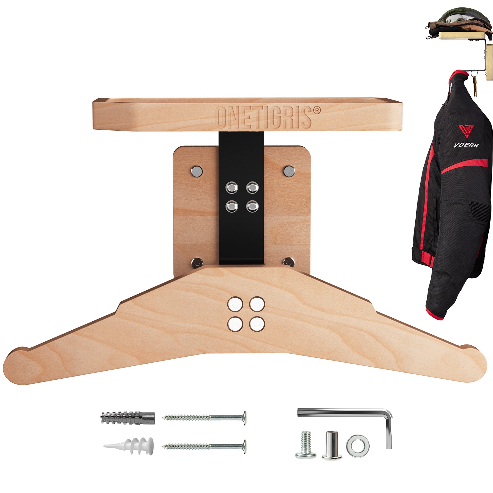 Wall-Mounted Coat Rack with Shelf | Heavy-Duty Metal-Wood Entryway Organizer for Motorcycle Gear, Jackets & Tactical Vests– Space-Saving for Hallway, Garage & Porch